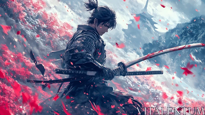 Storm of petals surrounds a focused samurai warrior