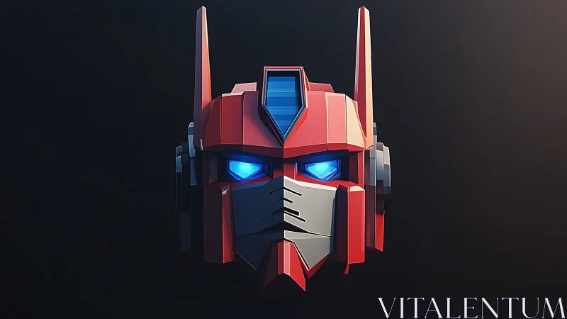 Robot helmet front view shows illuminated blue eye panels