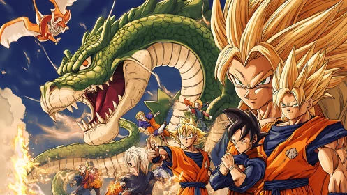 Legendary heroes gather beneath a roaring cosmic dragon