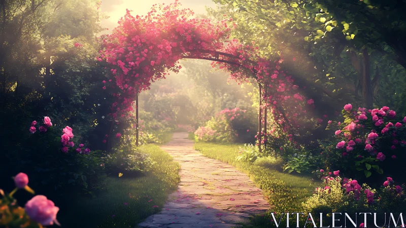 Sunlit rose arbor frames a curving garden path in bloom