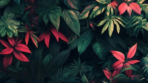 Tropical foliage layers glow with red and emerald contrast