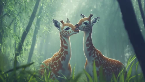 Baby giraffes share gentle nuzzle in misty forest light.