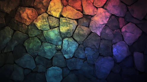 Vibrant Abstract Stone Wall with Rainbow Colors, Digital Art Style.