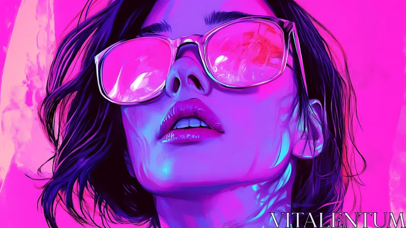 Neon-lit female portrait with reflective sunglasses in magenta hues