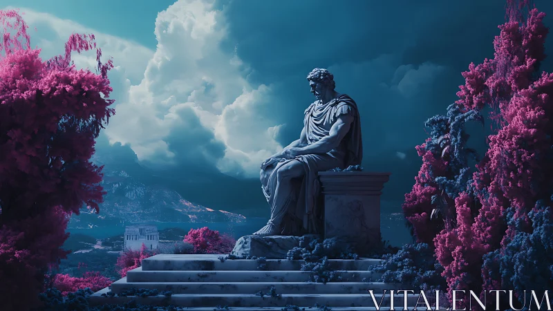 Quiet marble guardian dreams beneath a mystical twilight sky