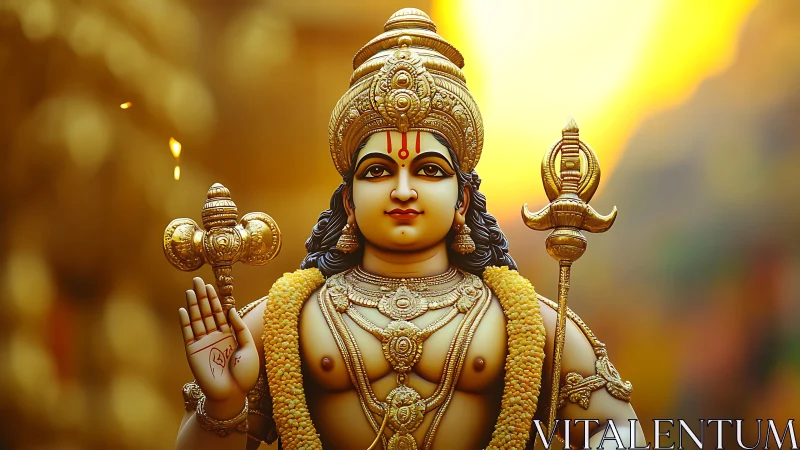 Radiant Hindu deity in golden sunrise aura of devotion.