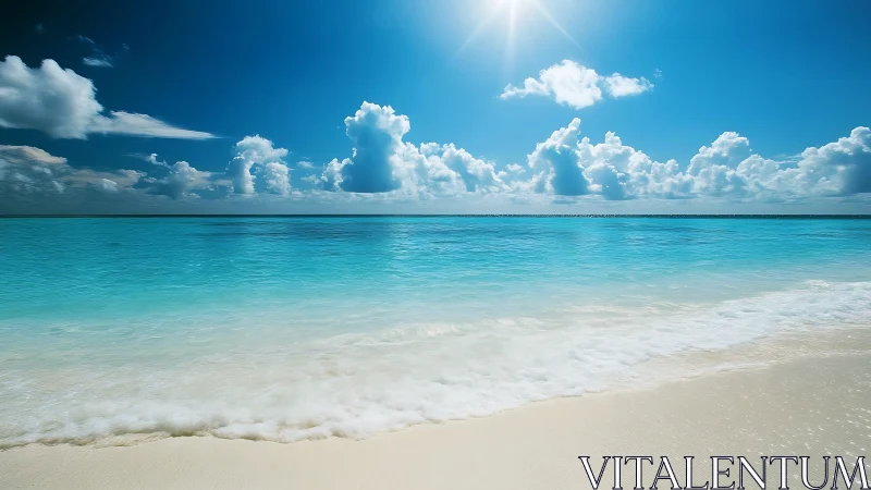 Sunlit turquoise shoreline under towering cloud bands.