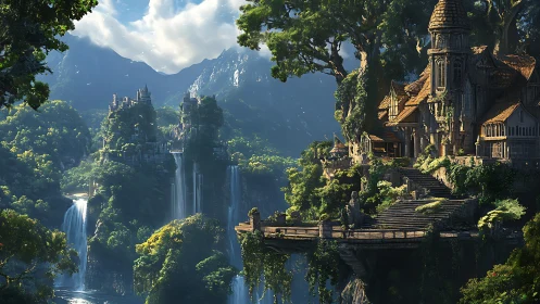 Sunlit cliffside sanctuary in a lush cascading valley.