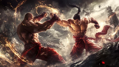 Twin inferno warriors collide amid storm-torn battlefield.