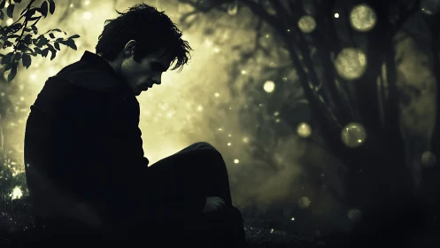 Melancholic male silhouette sits amid glowing forest bokeh