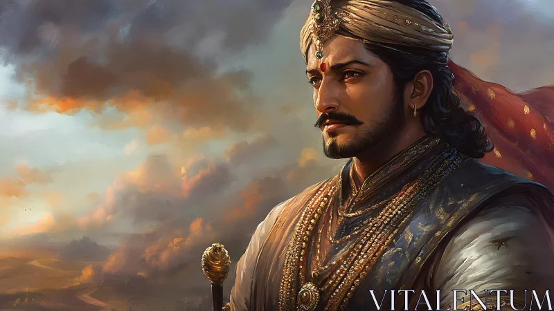 Digital portrait shows regal figure against detailed sky backdrop