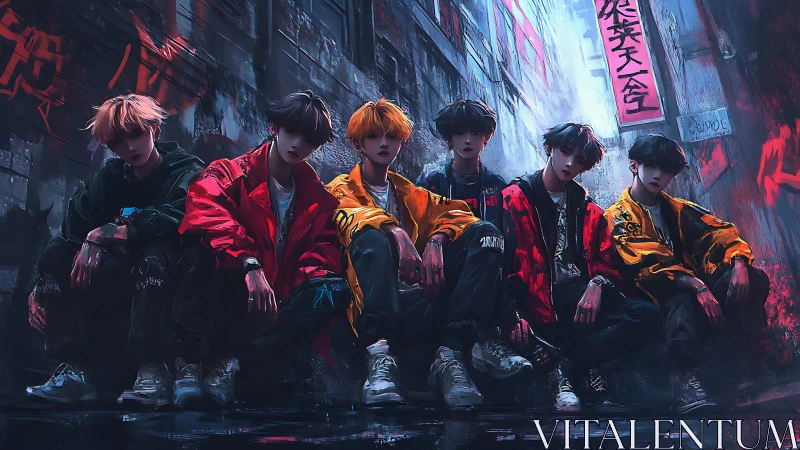 Streetwear crew gathers in neon alleyway at night.