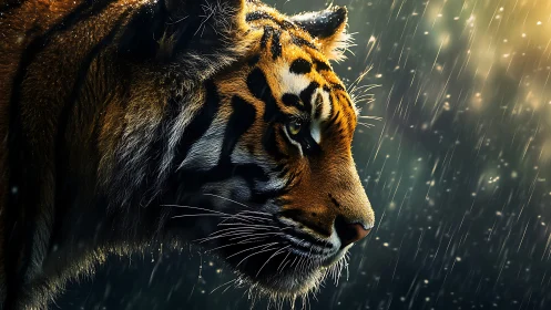Hyperreal profile study of a tiger in cinematic backlit rain
