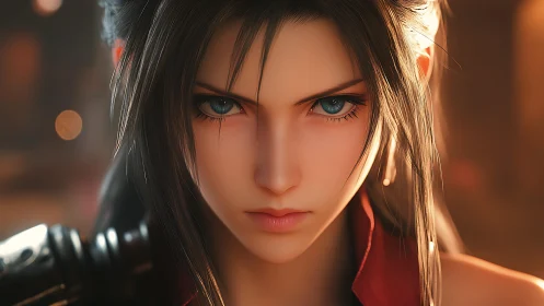 Cinematic close-up of blue-eyed warrior heroine in warm bokeh