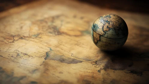 Tiny vintage globe dreaming over a timeworn world map.