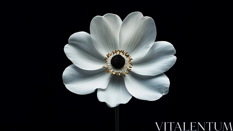 White anemone bloom isolated against deep black background