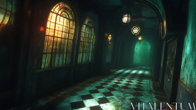 Abandoned Art Deco Corridor with Emerald Atmosphere.