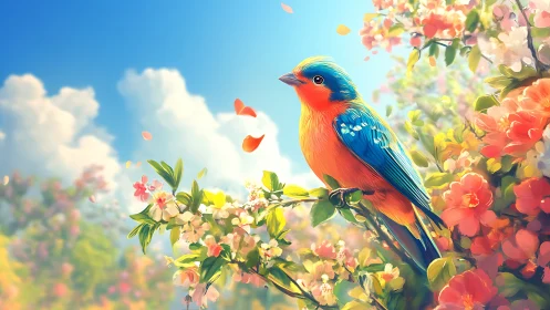 Vibrant blue and orange songbird in a dreamy floral garden scene.