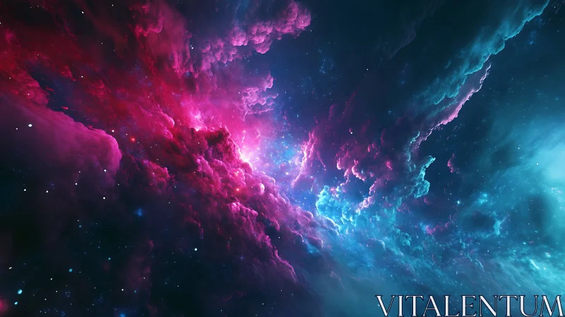 Nebula storm exploding through cosmic teal and magenta clouds.
