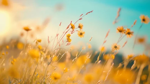 Sunlit Wildflower Meadow: Yellow Daisies Against Turquoise Sky.
