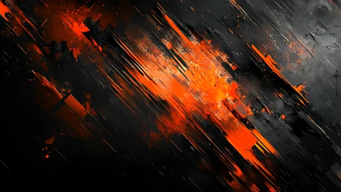 Diagonal streaks of molten orange ignite a dark abstract field