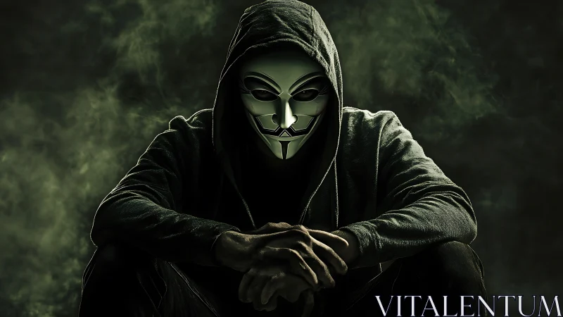 Masked shadow hacker broods in emerald smoke and silence.