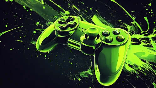 Neon green game controller with abstract paint splashes.