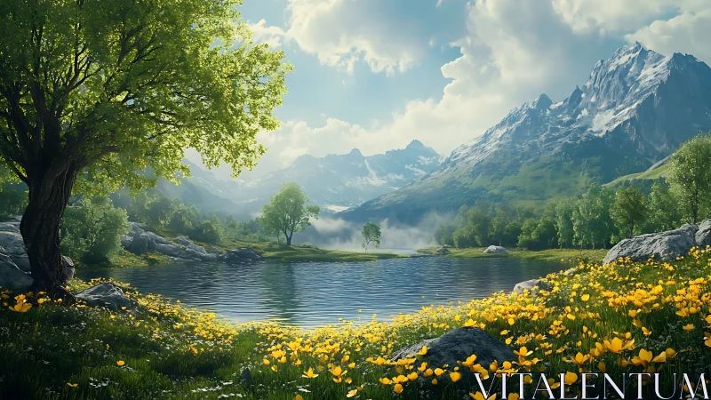 High-fidelity alpine lake landscape with wildflower meadow