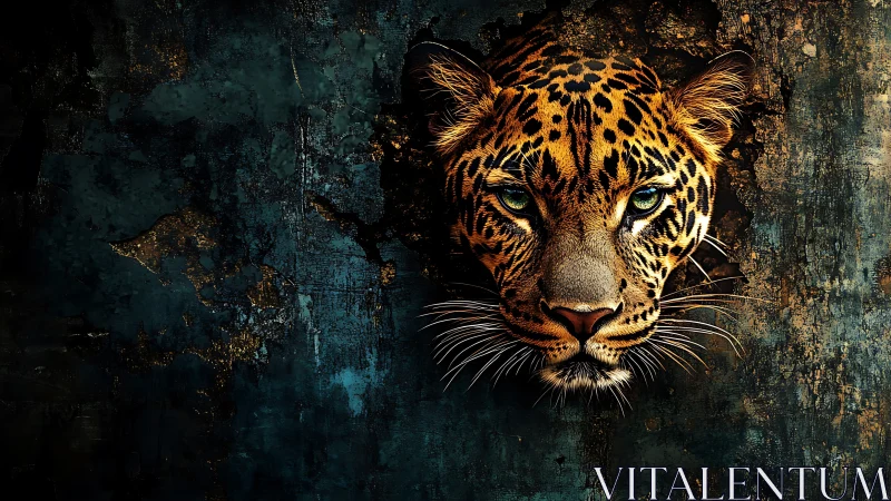 Leopard head emerges through textured grunge wall with high contrast