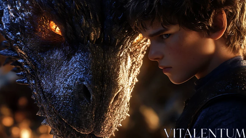 Boy and dragon in intense close-up fantasy portrait.