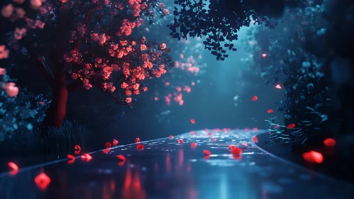 Luminous forest path with glowing petals at twilight.