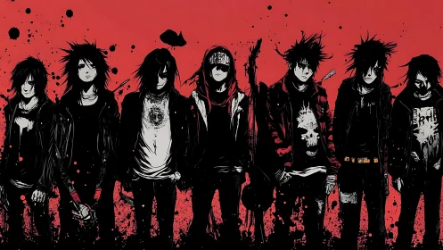 Emo punk band lineup on red splatter background.