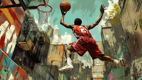 Street basketball player soaring toward urban graffiti hoop
