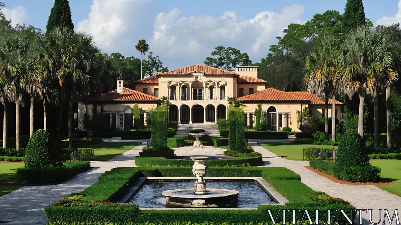 Mediterranean villa estate with formal palm-lined gardens.