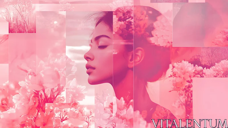 Monochrome magenta double exposure portrait with floral overlays.
