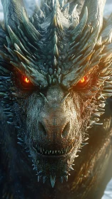 Armored dragon stares forward with blazing molten eyes