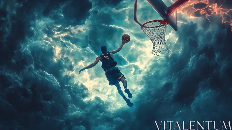 Skyward basketball dunk slices through stormlit clouds.