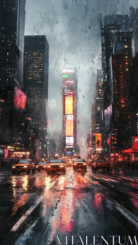 Rain slicked city street glows with neon taxi reflections.