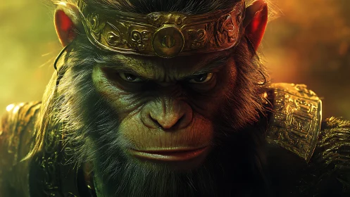 Golden-crowned warrior monkey rendered in cinematic light.