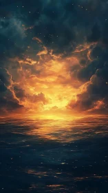 Ocean horizon ignites under dramatic storm-lit sunset clouds.