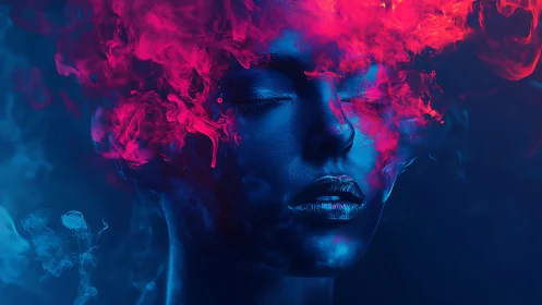 Blue face portrait with vivid red smoke surrounding head.