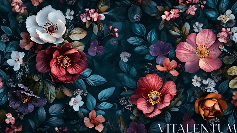 Dark Botanical Floral Composition: Multi-species Peony and Cosmos Cluster.