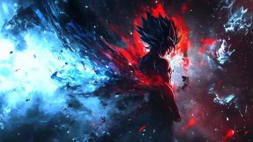 Silhouetted warrior divides red and blue cosmic energy fields