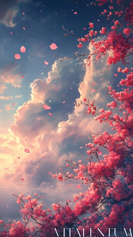 Cherry blossoms drift across radiant sunset clouds.