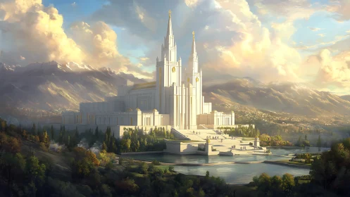 Majestic white mountainside temple glows in soft golden light.