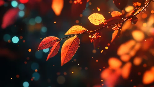 Branch with orange leaves glows against dark bokeh background