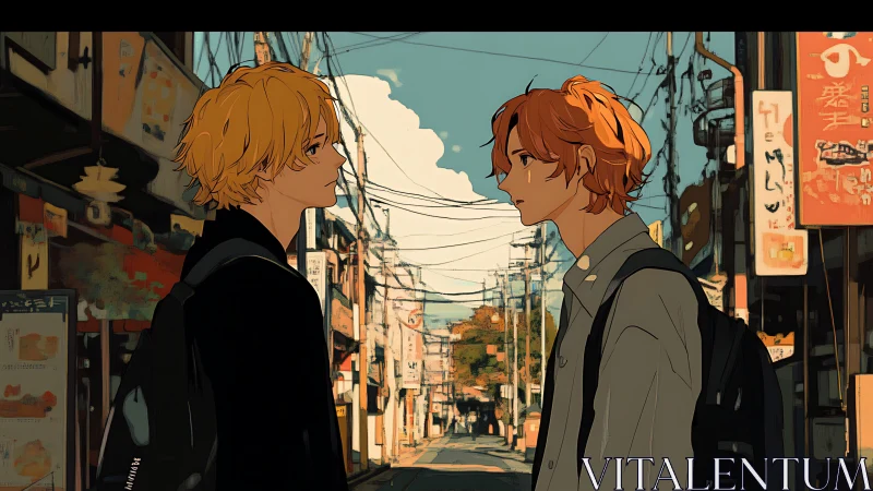 Anime boys facing off in sunlit urban street scene.