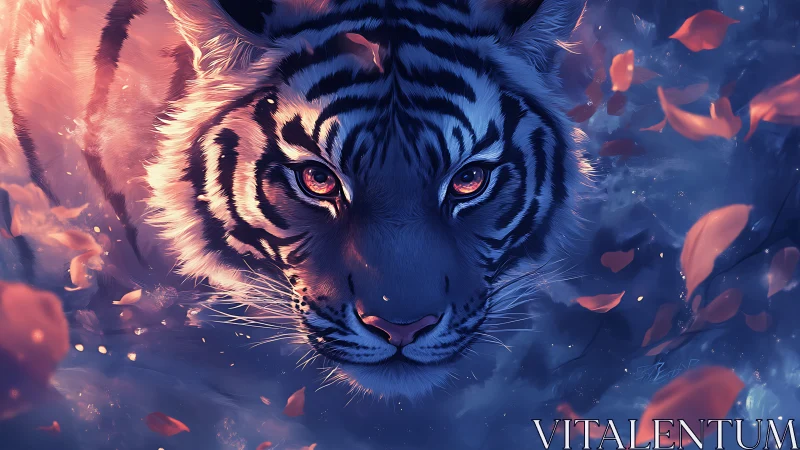 Tiger gaze ignites twilight petals in vivid motion.
