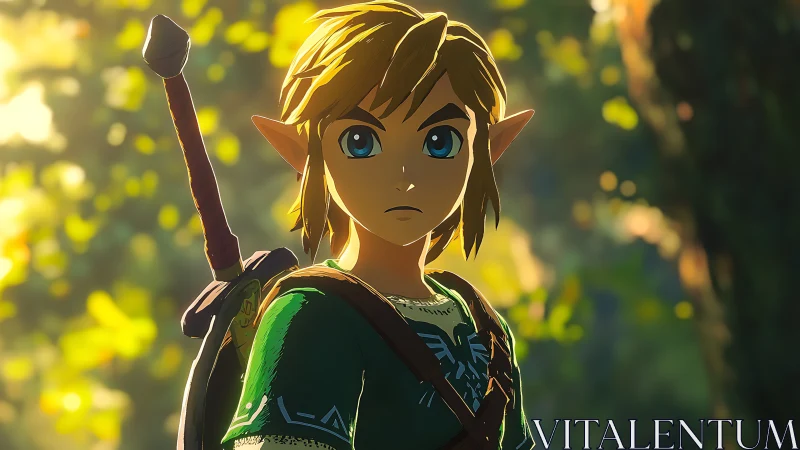 Elf warrior stands alert in sunlit forest clearing