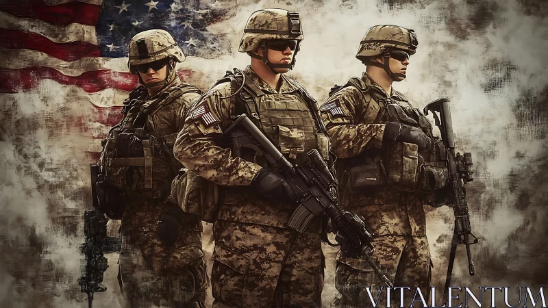 United States soldiers in combat gear before flag background.
